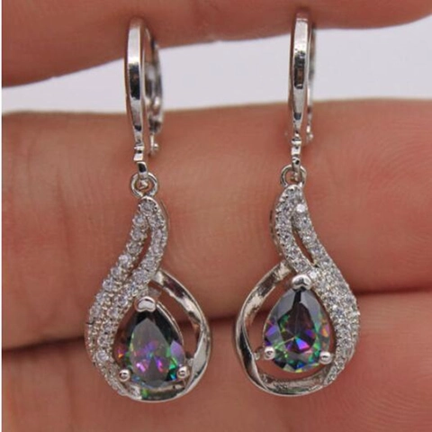 Boucles D'Oreilles Pendantes Goutte D'Eau Avec Zircon Arc-En-Ciel Mystique Cuivre Strass Ton Argent Bijoux Pour Femmes