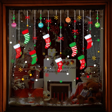 Sticker Mural en PVC Chaussette de Noël Dessin Animé Cadeaux de Noël Fenêtre Porte en Verre Décoration Nouvel An