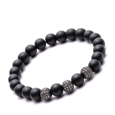 Kralenarmband Van Matzwarte Steen Met Micro Pave Zirkonia Koperen Bal Bedels Voor Dames En Heren Mode Sieraden