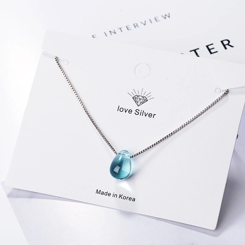 Simple Minimalist Water Drop Blue Artificial Crystal Pendant Necklace For Women Elegant Copper Silver Plated Box Chain Jewelry