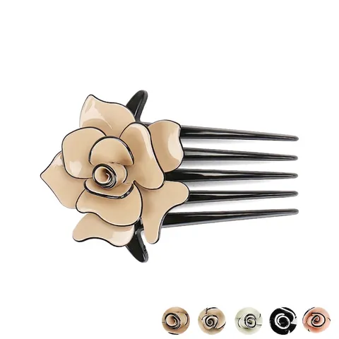 Large Rose Flower Hair Comb France Acetate Multi Teeth Handcrafted Elegant Retro Vintage Hairpin Headpiece For Women
