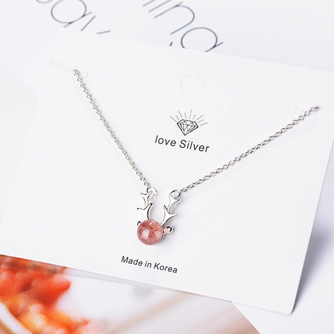 Elegante Collar con Colgante de Asta de Cobre para Mujer con Cristal de Cuarzo Fresa Rosa Cadena de Eslabones Ajustable Joyería Minimalista