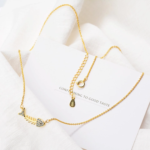 Fishbone Pendant Necklace Copper With Cubic Zirconia Dainty Sweet Fish Bone Shape Korean Style Jewelry For Women