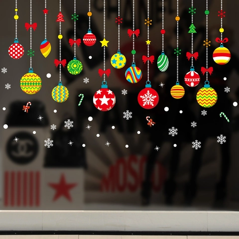 Pegatinas de Pared de Navidad Bolas Colgantes Coloridas Copos de Nieve Reno Muñeco de Nieve PVC Calcomanías para Ventana