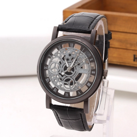 Fashion Hollow Out Skeleton Dial Quartz Watch Leather Strap Crocodile Pattern Roman Numerals Analog Business Wristwatch
