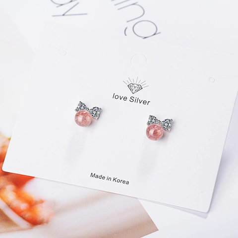 Bowknot Stud Earrings With Pink Strawberry Crystal Heart Cubic Zirconia Silver Earring Post Sweet Jewelry For Women