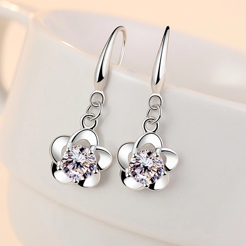 Elegant Copper Silver Plated Flower Drop Earrings For Women Purple White Rhinestone Inlaid Floral Hook Earrings Fashion Jewelry