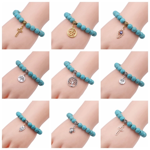 Bracciale Di Perline Di Turchese Con Ciondolo Croce Albero Della Vita Lega Elastico Gioielli Boho Uomini Donne