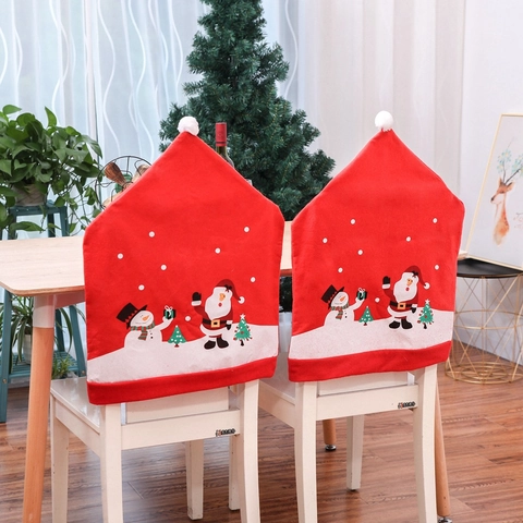 Christmas Dining Chair Covers Non Woven Fabric Santa Claus Snowman Patterns Red Hat Style Holiday Home Party Decoration