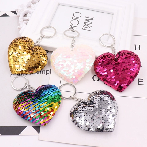 Portachiavi a Cuore con Paillettes Riflettenti Bifacciali per Borsa Accessorio Auto Regalo di San Valentino Portachiavi Luccicante a Forma di Cuore per Donna