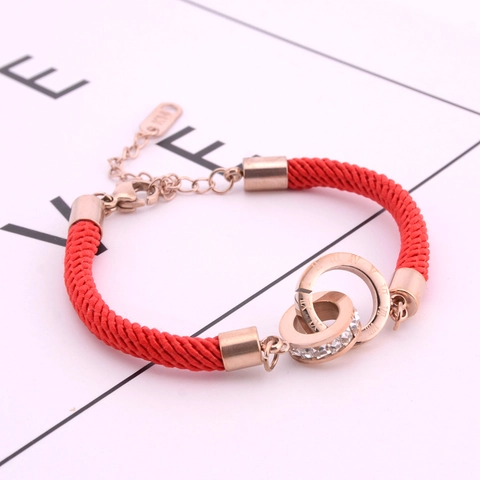 Bracciale Corda Intrecciata Rossa Acciaio Titanio Oro Rosa Doppi Anelli Intrecciati Numeri Romani Zircone Gioielli Moda Donna