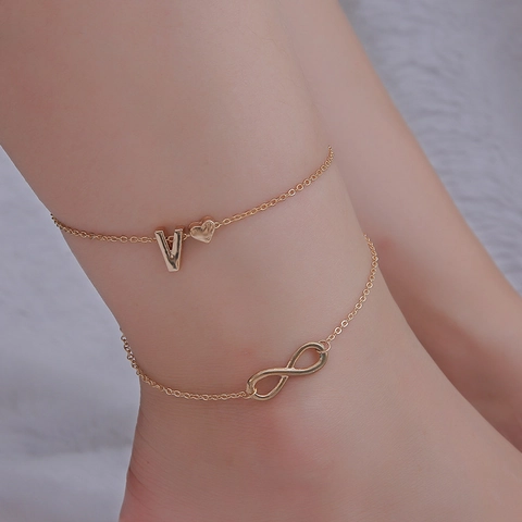 Double Layer Heart Infinity Letter Anklet For Women Simple Bohemian Alloy Foot Chain Adjustable Beach Jewelry Foot Accessory