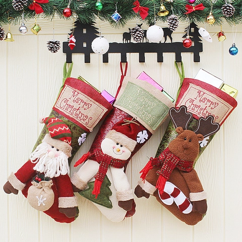 Calcetines De Navidad Lino Fieltro Peluche Tela 3D Dibujos Animados Papá Noel Muñeco De Nieve Reno Decoración Festiva Chimenea Árbol Bolsas Regalo