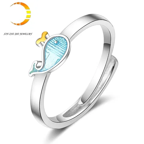 Korean Sweet Blue Whale Open Adjustable Ring Copper Enamel Sea Animal Finger Ring For Women Cute Dolphin Jewelry Gift