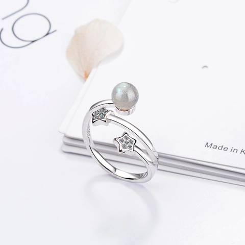 Anello Aperto Stella E Pietra Di Luna Regolabile Rame Placcato Oro Bianco Con Zirconia Gioielli Di Moda Per Donna