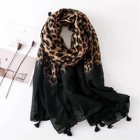 Sciarpa Da Donna Con Stampa Leopardata Sfumata Con Nappe Scialle Lungo In Cotone Lino Accessorio Invernale Versatile Di Moda