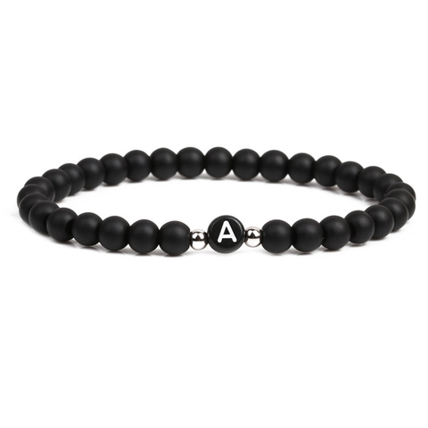 Bracciale Di Perline Alfabeto Iniziale Pietra Nera Opaca Letra A-Z Distanziatori In Metallo Argento Gioielli Elastici
