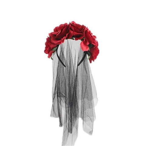 Gothic Halloween Rosen Blumen Stirnband Mit Langem Schwarzen Netzschleier Tag Der Toten Karneval Party Haarschmuck