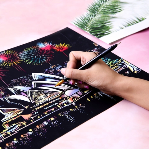 Scratch Art Paper Colorful City Night Scene DIY Handmade Drawing Board With Tools Creative Hobby Gift