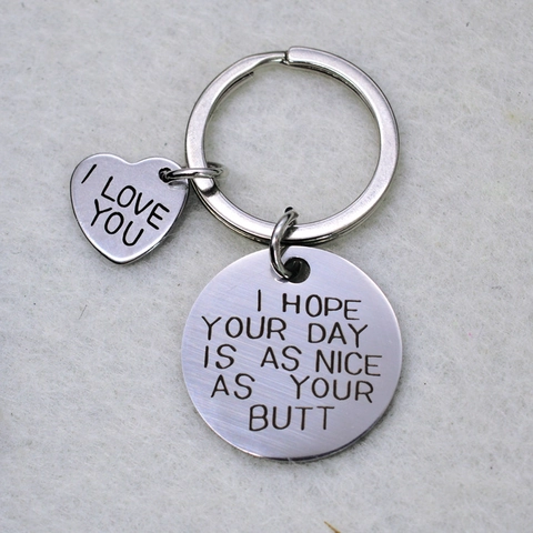 Engraved Stainless Steel Keychain Funny Gift For Couples Heart Circle Pendant I Love You Lettering Valentine Anniversary