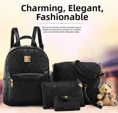 Combinaison de Sac à Dos en Cuir PU Mode pour Femme Motif de Chaîne Gauffré Sac à Bandoulière Décontracté Main et Porte-monnaie avec Charme d'Ours