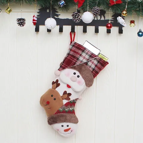 Christmas Stocking Hanging Decoration Santa Snowman Reindeer Plaid Plush Fabric Festive Holiday Ornament