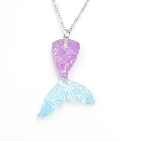 Mermaid Tail Necklace With Resin Pendant And Stainless Steel Chain Gradient Glitter Fish Tail Ocean Style Jewelry