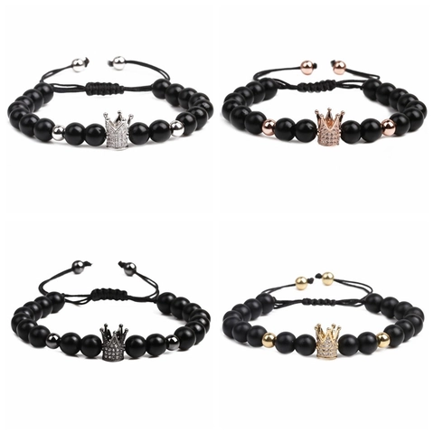 Crown Beaded Bracelet Matte Black Stone With Micro Pave Zircon Charm Adjustable Braided Rope Hip Hop Jewelry
