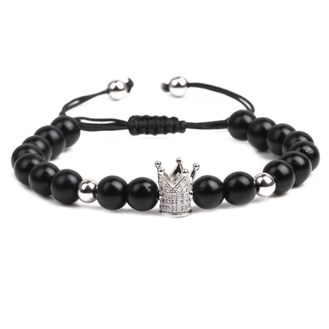 Crown Beaded Bracelet Matte Black Stone With Micro Pave Zircon Charm Adjustable Braided Rope Hip Hop Jewelry