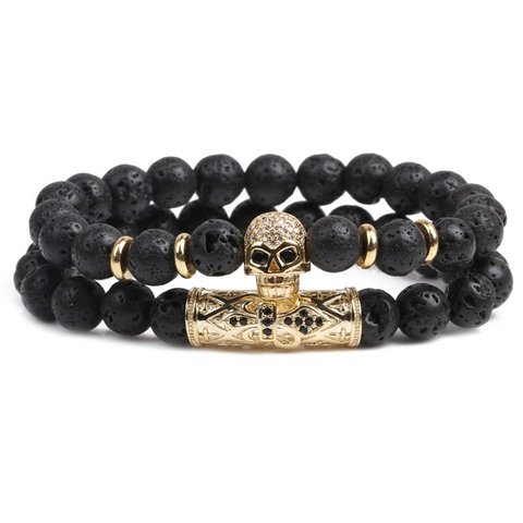 Punk Beaded Bracelet Lava Stone Turquoise Tiger Eye With Skull Charm Cross Micro Inlaid Zircon Gothic Jewelry For Men