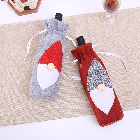 Fundas Para Botellas De Vino De Navidad Diseño De Gnomo De Fieltro Tejido Para Decoración De Mesa De Fiesta Rojo Gris