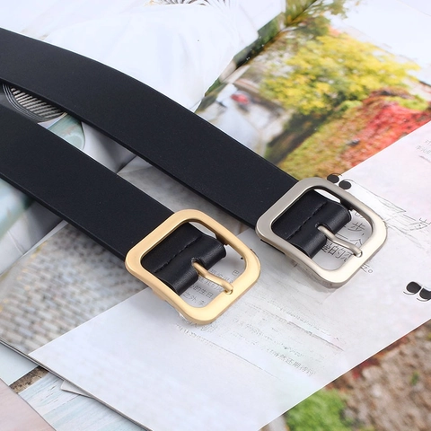 Women PU Leather Belt With Square Alloy Pin Buckle Simple Minimalist Waistband For Jeans Dresses
