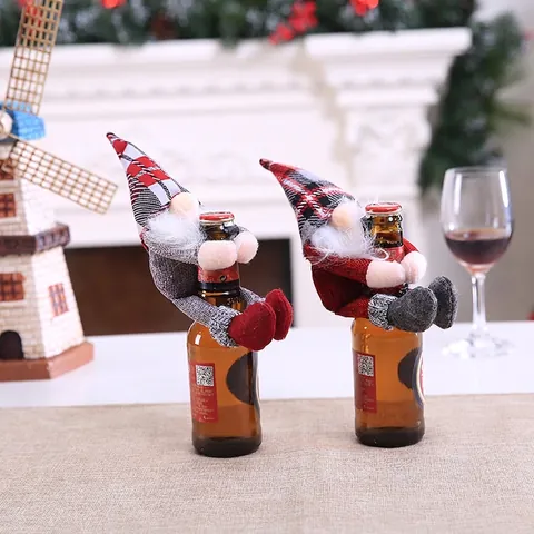 Christmas Gnome Wine Bottle Topper Knitted Fabric Forest Man Hugging Pose Bottle Cover Table Decor Festive Party Ornament