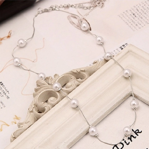Collar De Perlas Artificiales Sintéticas De Aleación Estilo Coreano Elegante Color Plata Cadena Larga Accesorio Para Mujer