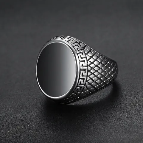 Vintage Men Signet Ring 316L Stainless Steel Black Enamel Greek Key Meander Pattern Dragon Scale Textured Punk Style Jewelry