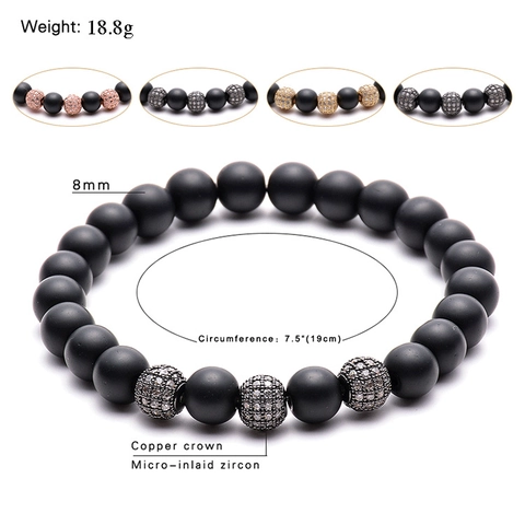 Kralenarmband Van Matzwarte Steen Met Micro Pave Zirkonia Koperen Bal Bedels Voor Dames En Heren Mode Sieraden