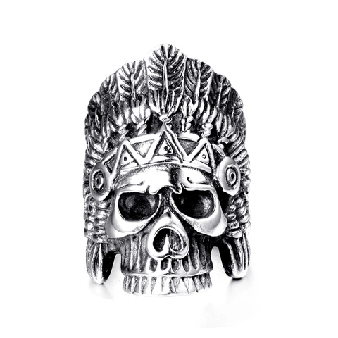 Vintage Stainless Steel Indian Chief Skull Ring For Men Hip Hop Punk Gothic Feather Headdress Biker Jewelry Gold Silver Black