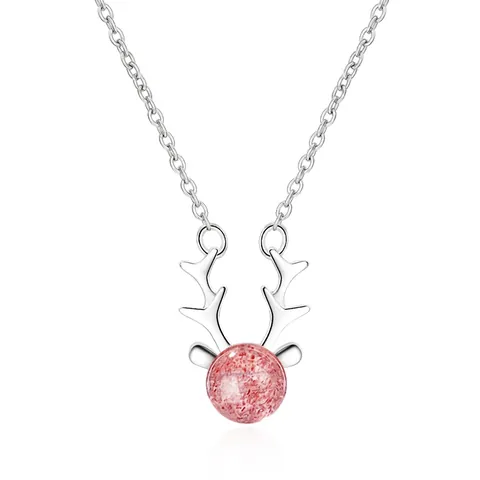 Elegante Collar con Colgante de Asta de Cobre para Mujer con Cristal de Cuarzo Fresa Rosa Cadena de Eslabones Ajustable Joyería Minimalista
