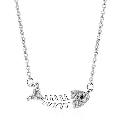 Fishbone Pendant Necklace Copper With Cubic Zirconia Dainty Sweet Fish Bone Shape Korean Style Jewelry For Women