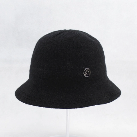 Women Solid Color Woolen Bucket Hat With Metal Letter Decor Retro Wide Brim Fisherman Hat Warm Winter Autumn Korean Style