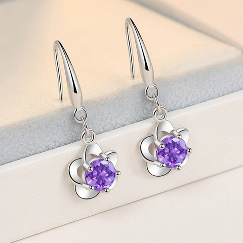 Elegant Copper Silver Plated Flower Drop Earrings For Women Purple White Rhinestone Inlaid Floral Hook Earrings Fashion Jewelry