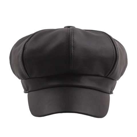 Women Newsboy Cap PU Leather Retro Solid Color Octagonal Painter Hat Autumn Winter Fashion British Style