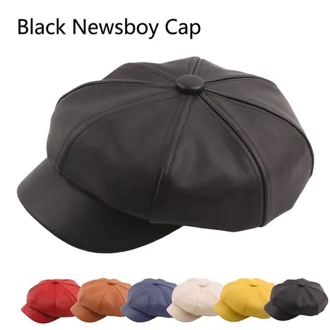 Women Newsboy Cap PU Leather Retro Solid Color Octagonal Painter Hat Autumn Winter Fashion British Style
