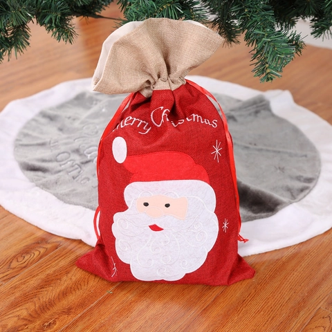 Christmas Gift Bags Burlap Drawstring Santa Snowman Embroidered Holiday Candy Sack Decoration