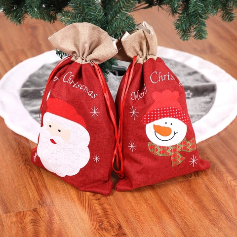 Christmas Gift Bags Burlap Drawstring Santa Snowman Embroidered Holiday Candy Sack Decoration
