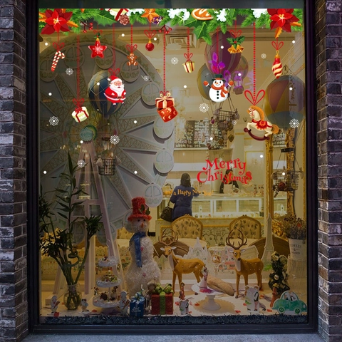 Sticker Mural de Noël en PVC Père Noël Bonhomme de Neige Autocollant de Fenêtre Décoratif pour Magasin Salon Verre Décoration Murale