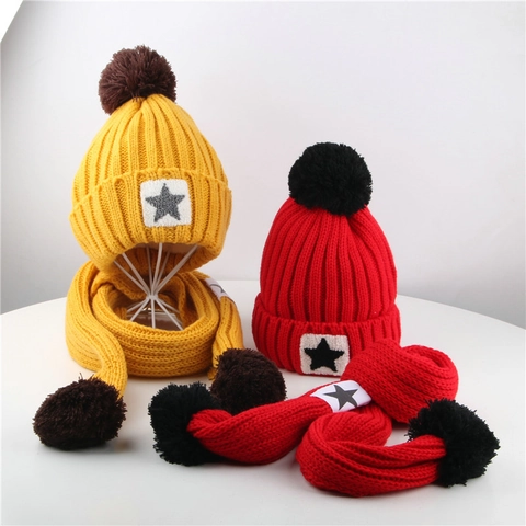 Cappello E Sciarpa Maglia Invernale Bambini Berretto Lana Caldo Grande Pompon Toppa Stella Ragazzi Ragazze