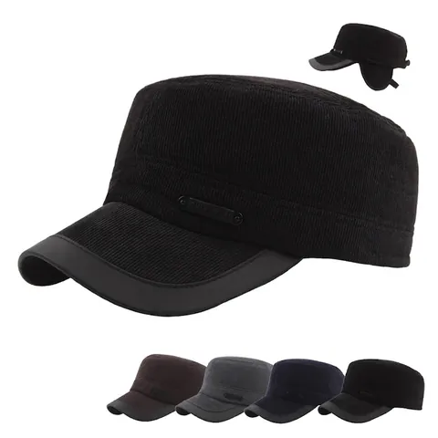 Herren Cadet Cap Cord-Wintermütze Mit Ohrenschützern Kunstleder-Schirm Vintage Britischer Stil Verstellbar