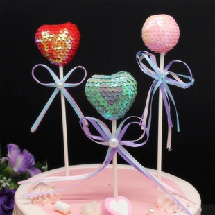 Sequin Glitter Cake Topper Ball Heart Shape Decoration With Ribbon Bow And Artificial Pearl For Birthday Party Dessert Supplies