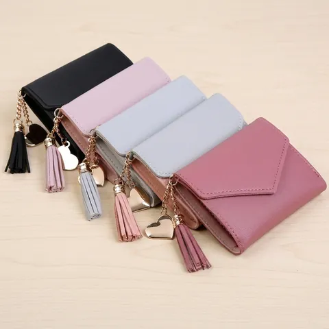 Women Short Wallet PU Leather Lychee Pattern Foldable Envelope Tassel Heart Pendant Elegant Card Purse For Girls